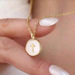 Elegant Gold and White Cross Pendant Necklace